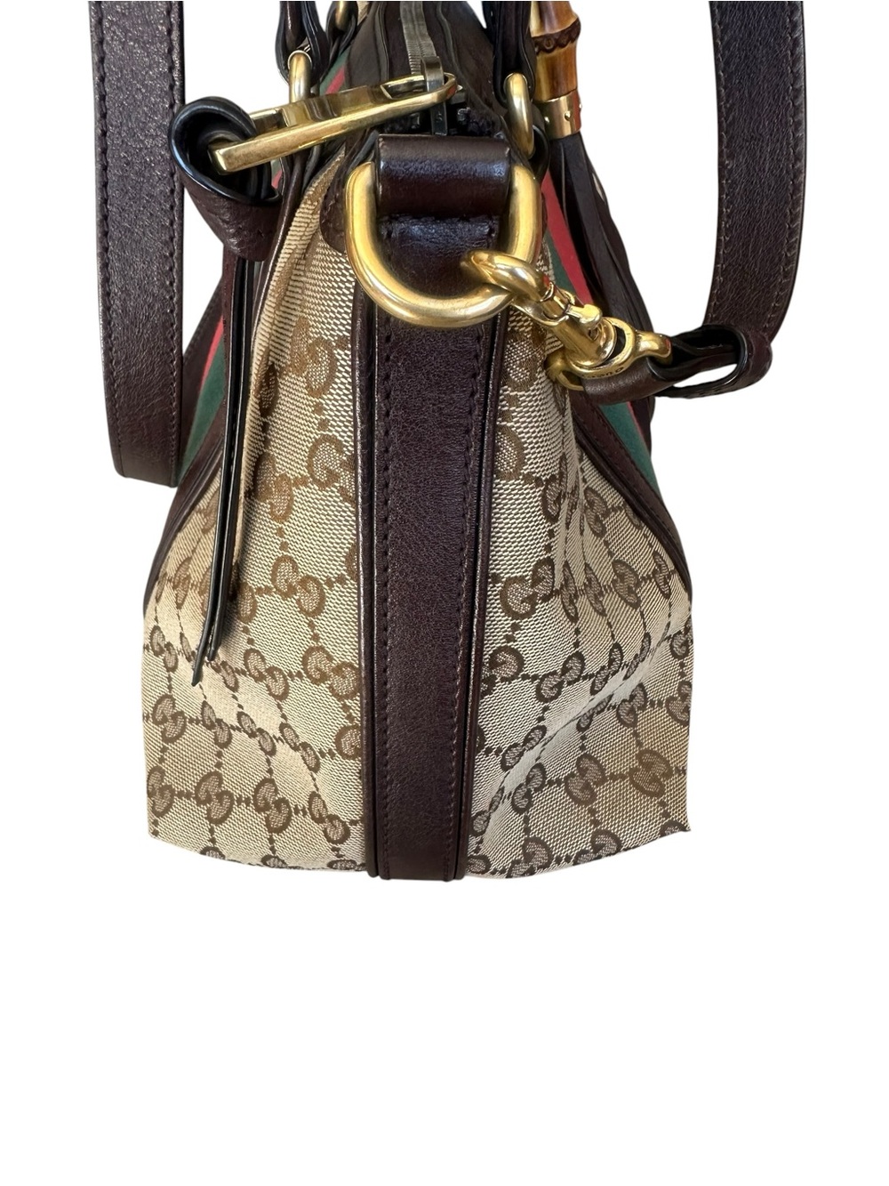 Gucci Brown Canvas & Leather Tote with Green and Red Stripe - Picture 4 of 10